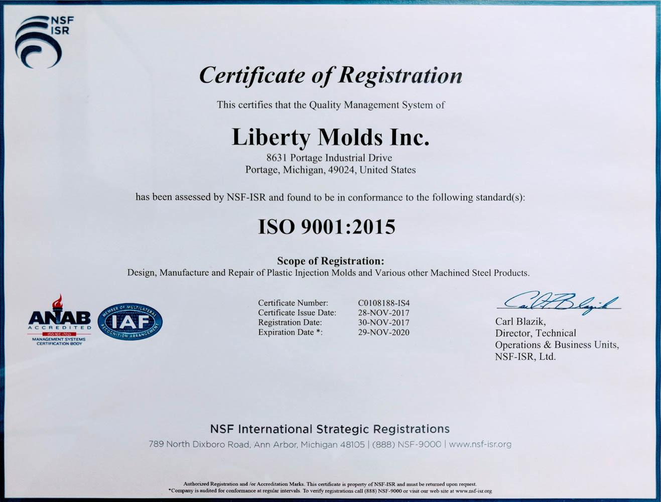 Liberty Molds ISO Registration Certificate